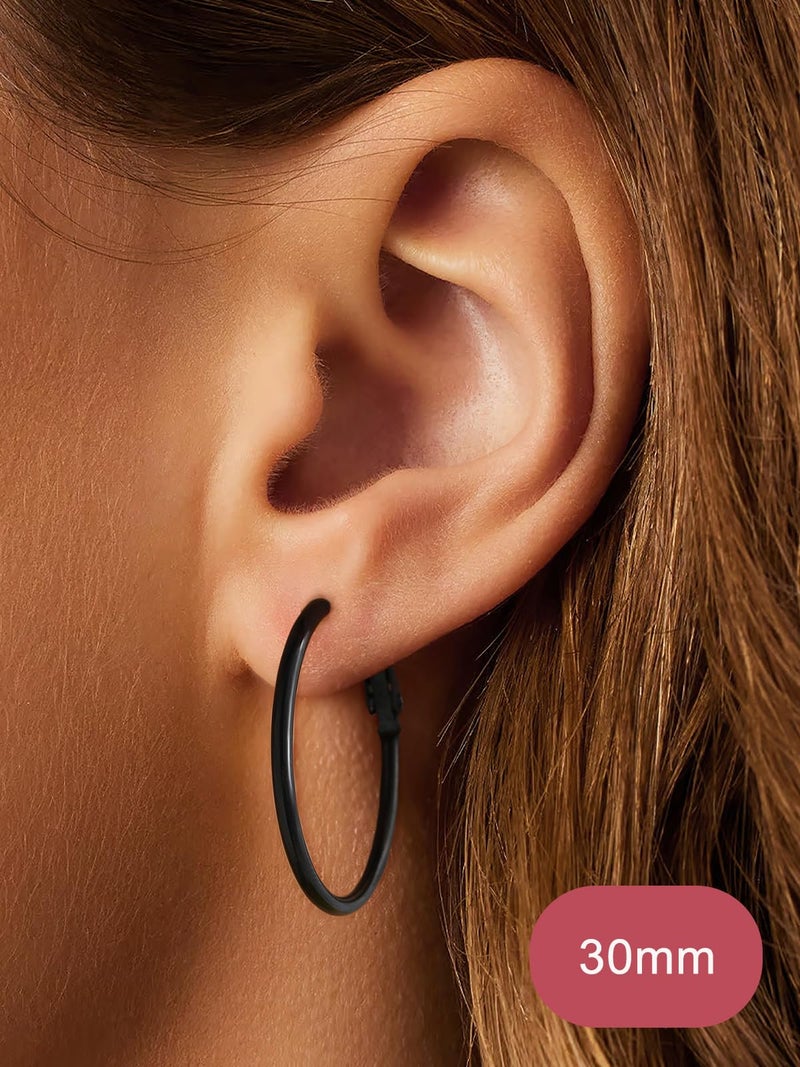 FOCALOOK Black Hoop Earrings for Women, 30mm Lightweight Large Hoops, Hypoallergenic Thin Black Stainless Steel Earrings - Image 3